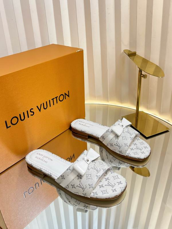 LV Ivory Monogram Bow Flat Sandals