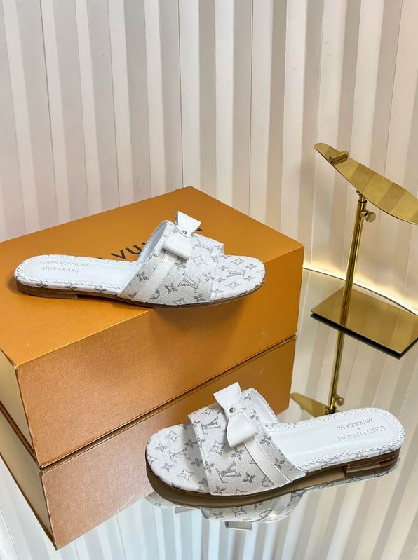 LV Ivory Monogram Bow Flat Sandals