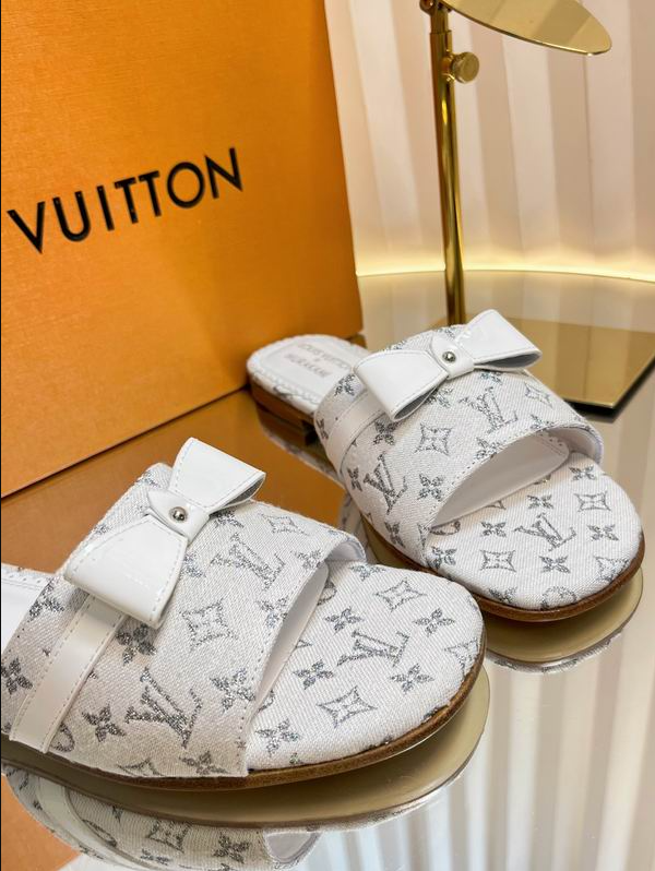 LV Ivory Monogram Bow Flat Sandals