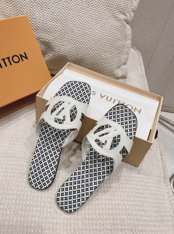 LV Ivory/ Cognac Crest Monogram Slides
