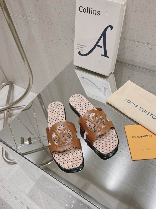 LV Ivory/ Cognac Crest Monogram Slides