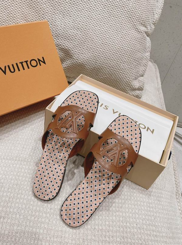 LV Ivory/ Cognac Crest Monogram Slides