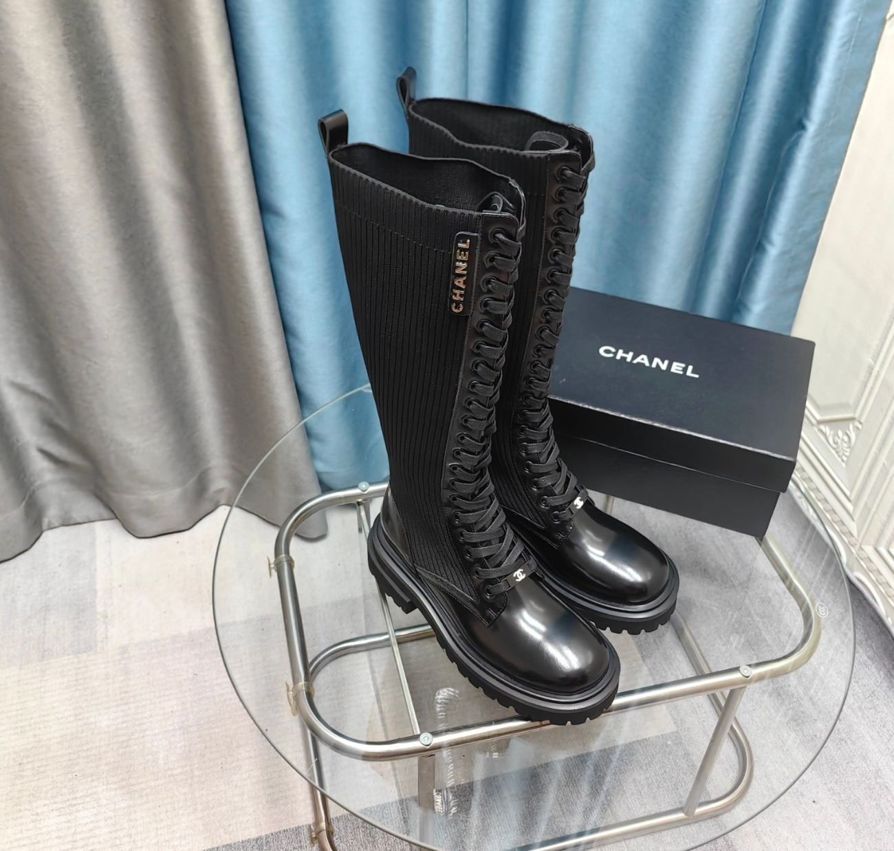 CC Ribbed Crest Lace-Up Tall Boots