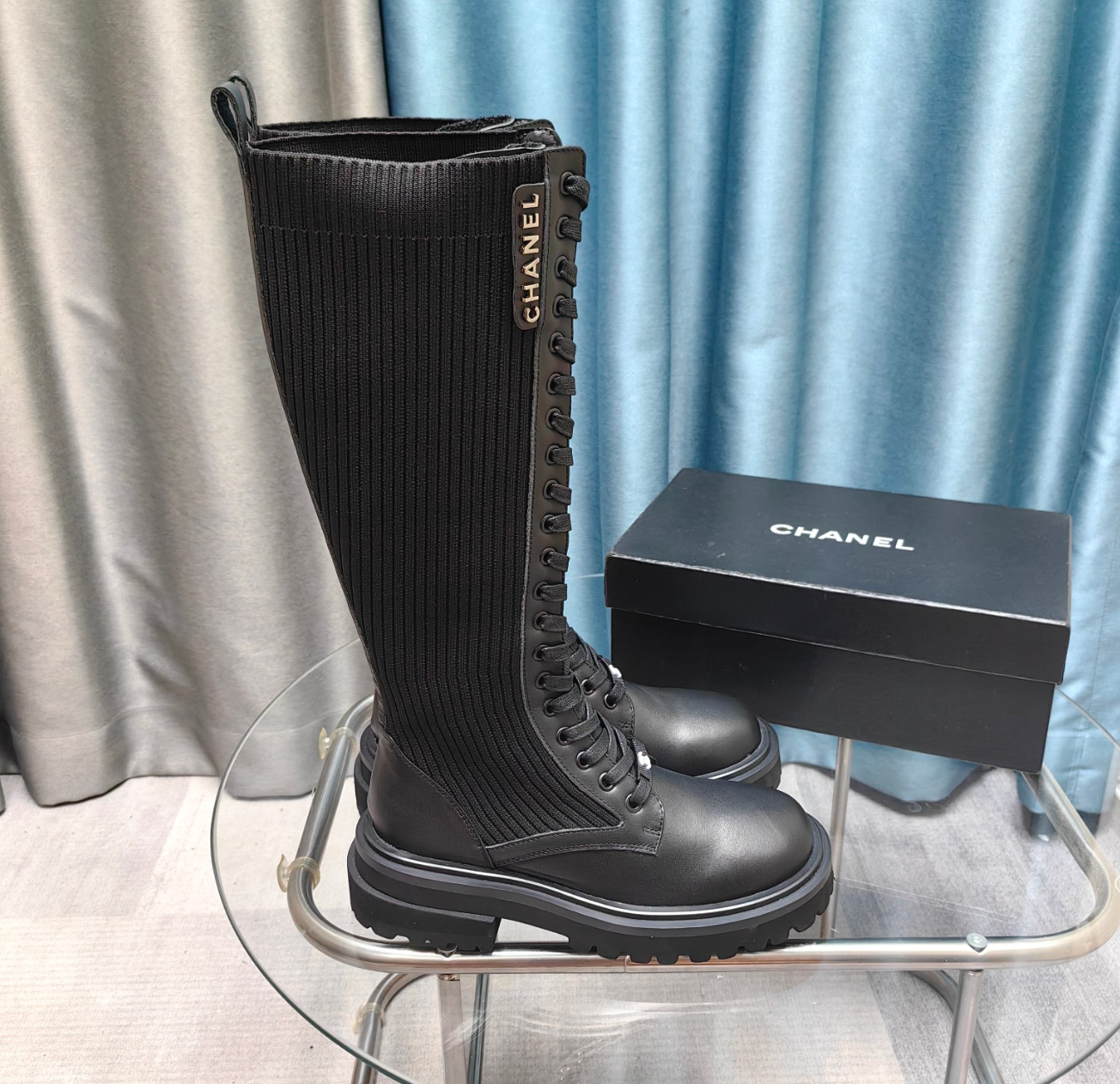 CC Ribbed Crest Lace-Up Tall Boots